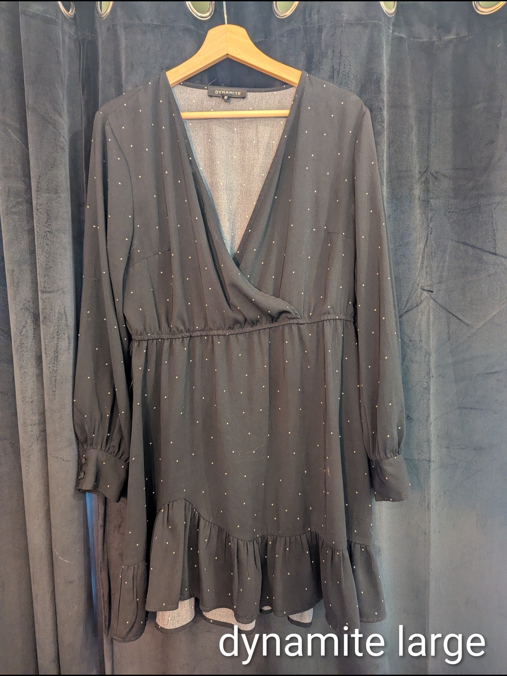 Dynamite Large Dress  Black Long-Sleeve Wrap Dress with White Dot